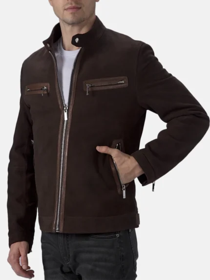 Brown Cafe Racer Suede Leather Jacket Mens