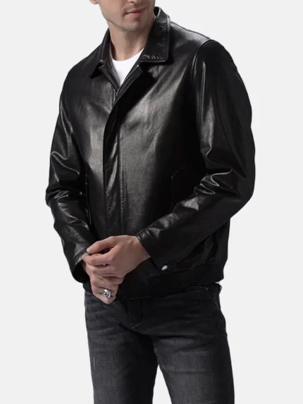 James Turn Down Collar Black Leather Jacket