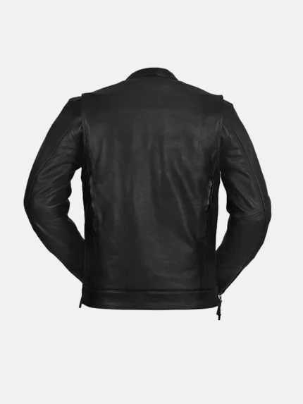 Mens Utility Style Black Leather Biker Jacket Back