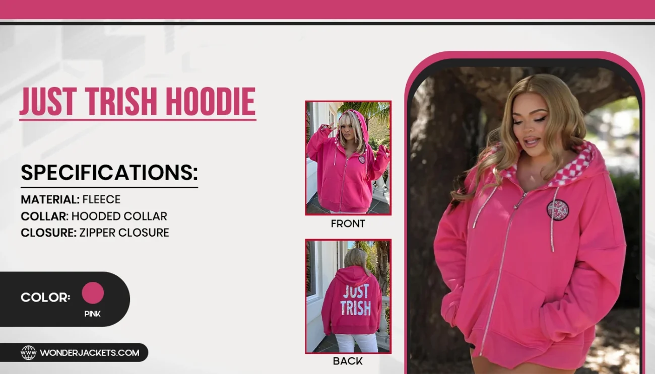 Pink Just Trish Hoodie Infographic Banner