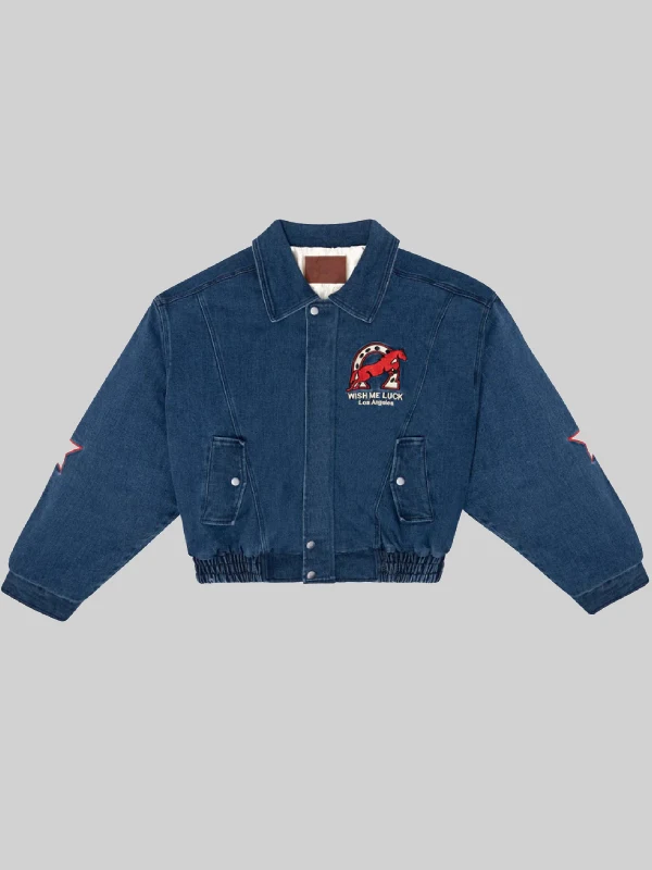 Wish Me Luck Denim League Bomber Jacket Blue Wish Me Luck Denim League Bomber Jacket Blue
