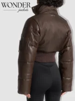 Maniere De Voir Leather and Nylon Layered Puffer Jacket – Brown