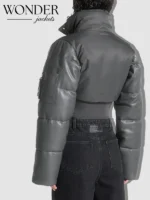 Maniere De Voir Leather and Nylon Layered Puffer Jacket – Grey