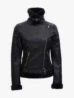 Agnes Womens Black Leather Shearling Jacket with Belt Collar