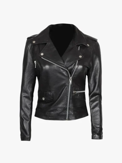 Amber Women Asymmetrical Black Leather Biker Jacket