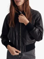 Women's Valiant Black Washed Leather Bomber Jacket