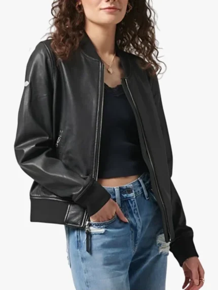 Women's Amrika Vanilla Black Leather Bomber Jacket