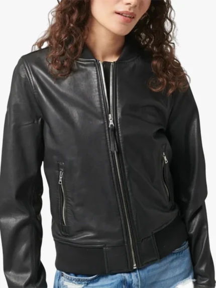 Women's Vanilla Black Leather Bomber Jacket