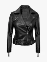 Angela Womens Black Belted Asymmetrical Leather Jacket