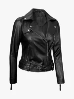 Angela Womens Black Belted Asymmetrical Leather Jacket
