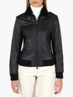 Antea - Black Lamb Leather Bomber Aviator Smooth Effect Jacket For Women's