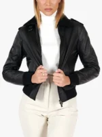 Antea - Black Lamb Leather Bomber Aviator Smooth Effect Jacket For Women