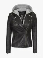Bagheria Black Womens Leather Jacket With Hood