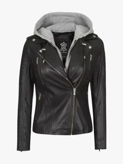 Bagheria Black Womens Leather Jacket With Hood