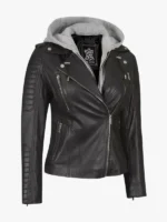Bagheria Womens Black Leather Biker Jacket With Removable Hood