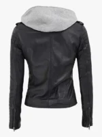 Bagheria Womens Black Leather Moto Jacket With Removable Hood