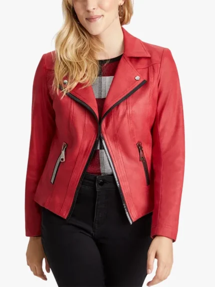 Cherry Rush Vex Zipper-Trim Women Biker Red Leather Jacket