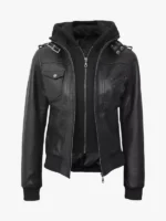 Edinburgh Women's Bomber Black Leather Jacket with Removable Hood