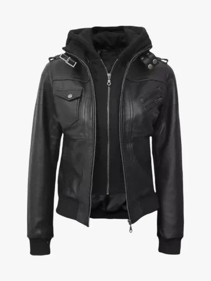 Edinburgh Women's Bomber Black Leather Jacket with Removable Hood