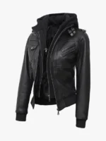 Women's Bomber Black Leather Jacket with Removable Hood