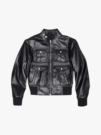 Emma Black Leather Bomber Jacket