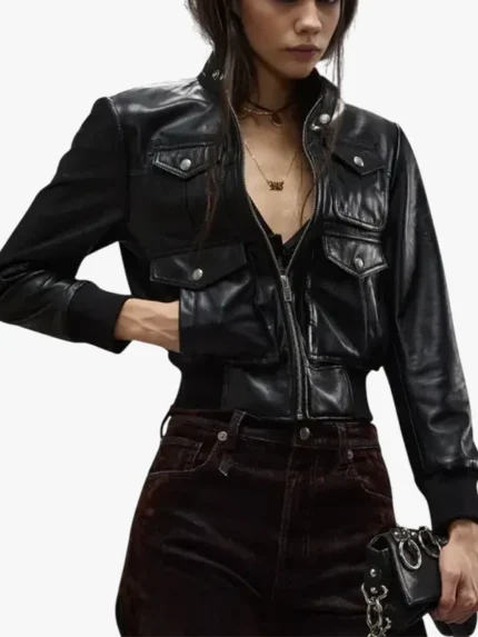 Black Leather Bomber Emma Jacket