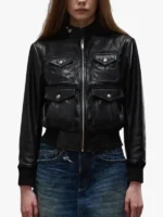 Emma Black Leather Bomber Jacket with Four-Pocket