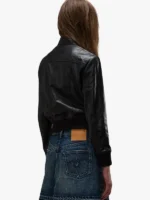 Emma Black Leather Bomber Jacket with Four Pockets
