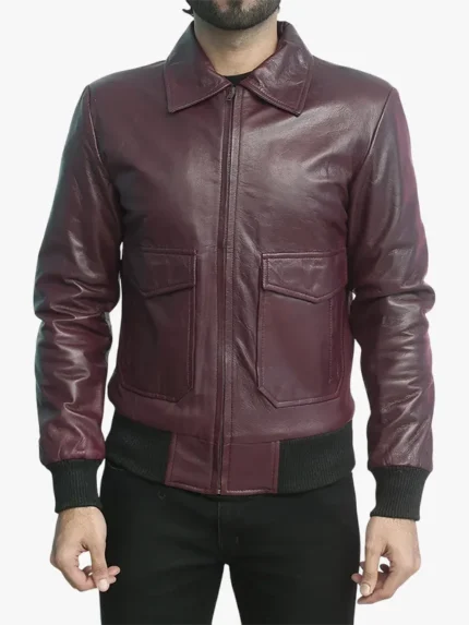 Ernesto Mens Maroon Leather Bomber Jacket