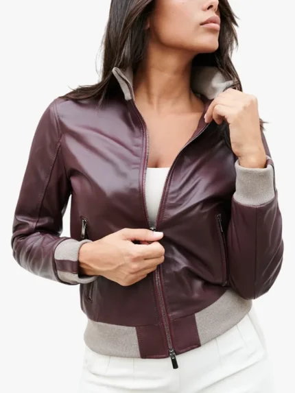 G155 - Burgundy natural leather bomber jacket merino wool collar For Women's