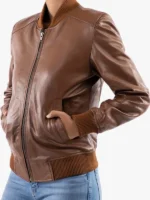 Women's Classic Baseball Cognac Leather Bomber Style Jacket
