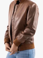 Jild Leather Women's Classic Baseball Cognac Leather Bomber Style Jacket