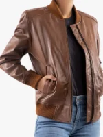 Jild Leather Classic Baseball Cognac Leather Bomber Style Jacket