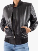 Women's Genuine Leather Classic Baseball Black Bomber Jacket
