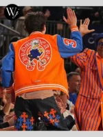 Knicks Game Timothee Chalamet Varsity Jacket Orange and Blue
