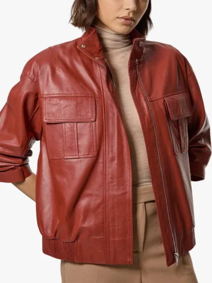 Leather Cargo Pocket Red Bomber Jacket