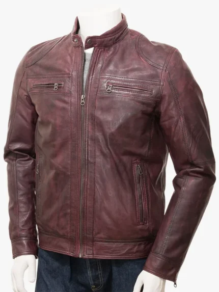Men's Burgundy Leather Biker Jacket Gooseham