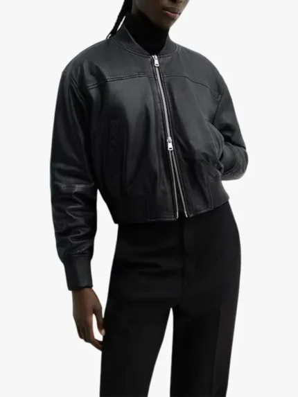 Mango Outlet Black Leather Bomber Jacket