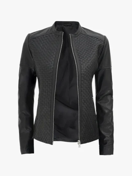 Maude Black Textured Cafe Racer Leather Jacket