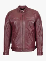 Men Stand Collar Real Lambskin Burgundy Leather Biker Jacket