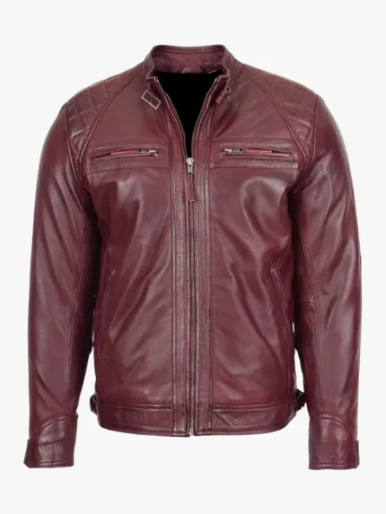 Men's Real Lambskin Burgundy Leather Biker Jacket
