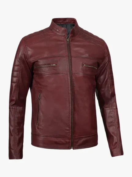 Mens Burgundy Cafe Racer Leather Jacket