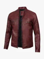Men Genuine Burgundy Leather Moto Jacket