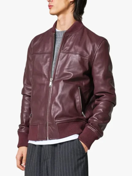 Men Burgundy Leather Bomber Jacket