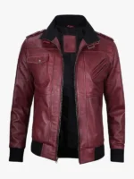 Men's Burgundy Leather Jacket with Removable Hood