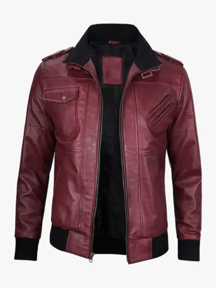 Men's Burgundy Leather Jacket with Removable Hood