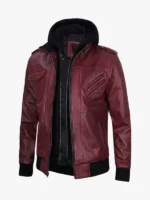 Burgundy Leather Jacket with Removable Hood