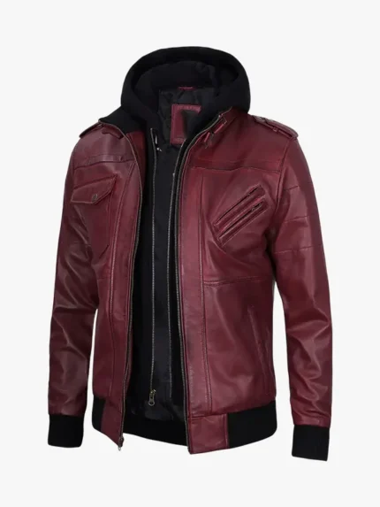 Burgundy Leather Jacket with Removable Hood