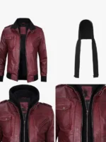 Men's Leather Jacket with Hood in Burgundy