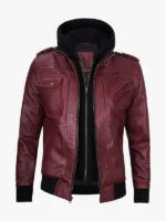 Men's Burgundy Leather Jacket with Removable Hood